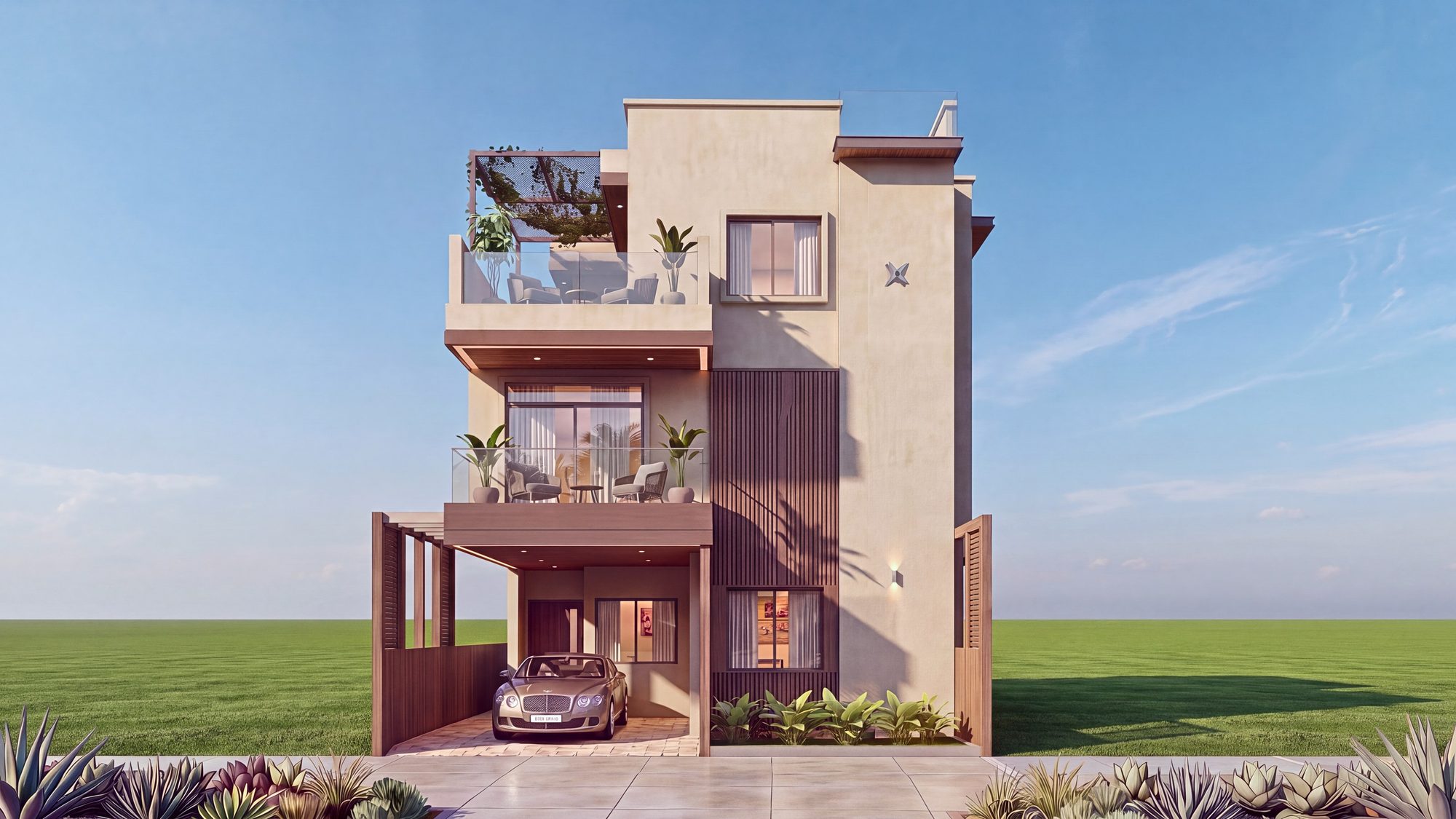 A west facing villa by day, architect’s view